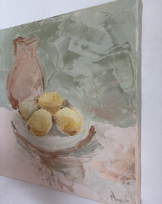 Still life fruits palette knife lemons carafe