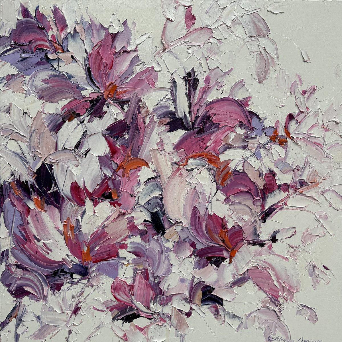 Impressionistic Botanical Oil Painting By Liliana Gigovic, 36 X 36", Magnolia No 26, Original Artwork