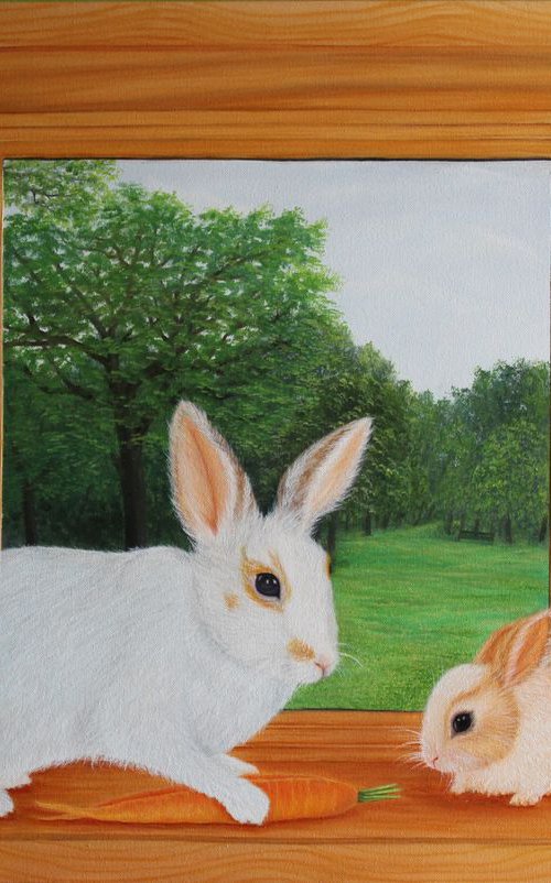 Rabbit playing on Window Landscape Painting by Goutami Mishra
