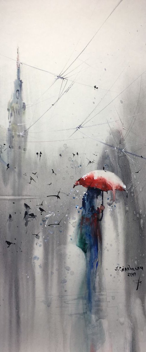Watercolor "The red umbrella” by Iulia Carchelan