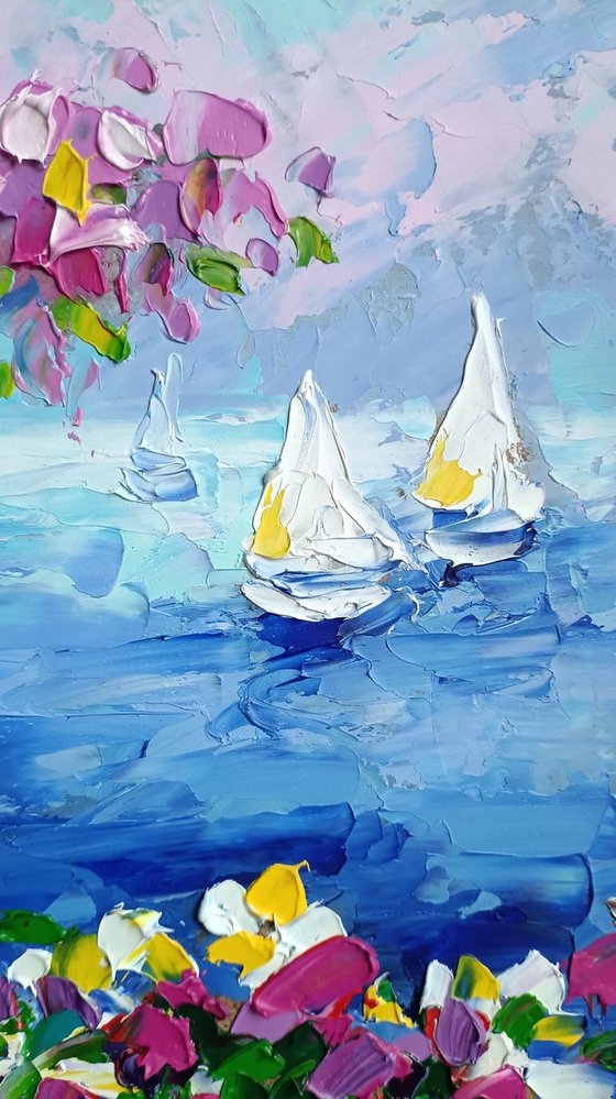Waiting for him - landscape, oil painting, love, woman, sail, boat, sea, Greece, flowers, sea and beach, sea and sky, girl, seascape