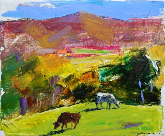 Mountain village . Cows in the meadow . Sunny day . Original oil painting