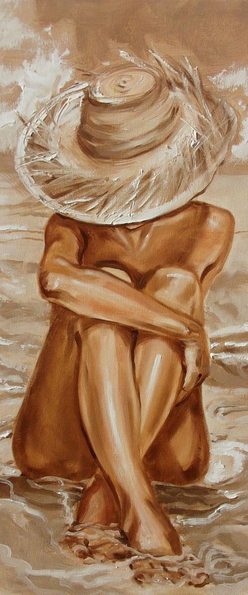 " LAZY DAY ... "- SKY SEA SAND liGHt  ORIGINAL OIL PAINTING, GIFT, PALETTE KNIFE by Monika Luniak
