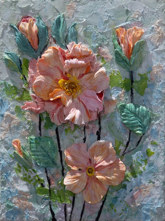 Peach Bloom Sculptural Floral Relief Art