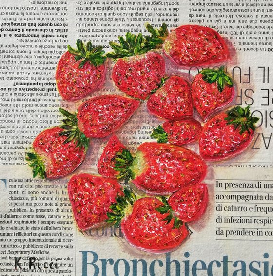 "Strawberries on Newspaper Original Oil on Canvas Board Painting 8 by 8 inches (20x20 cm)