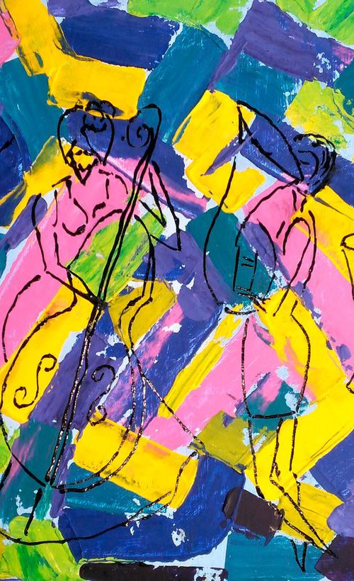 female jazz band original acrylic painting girls in jazz impressionistic artwork "Only girls in Jazz" by Halyna Kirichenko