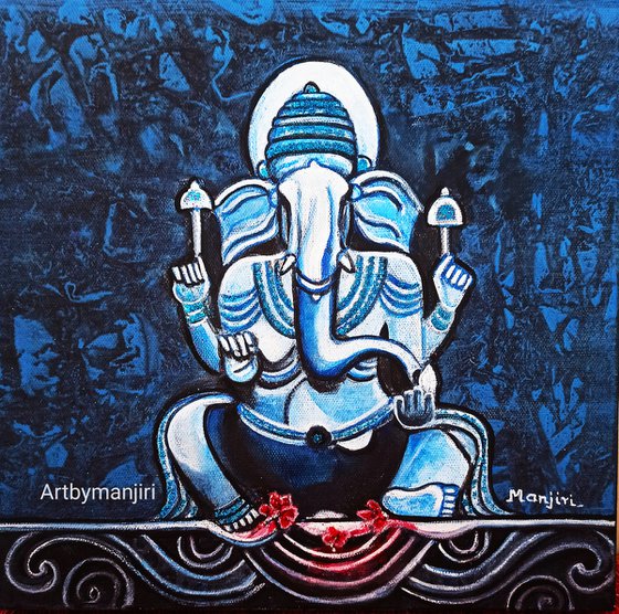 Vignaharta Ganesha blue Hindu God textured gift art on canvas