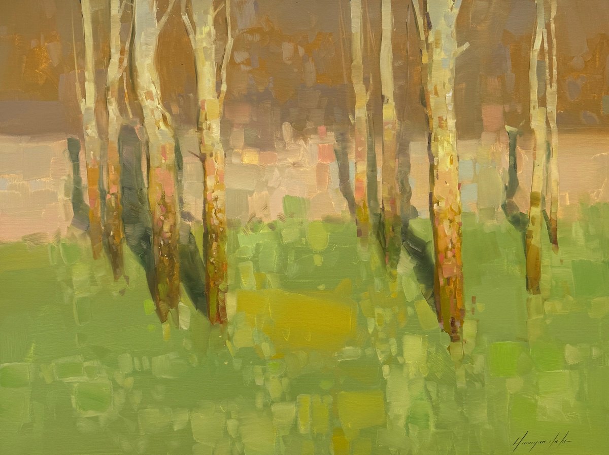 Impressionistic Landscape Oil Painting By Vahe Yeremyan, 35 X 27", Birches Trees, Original Artwork