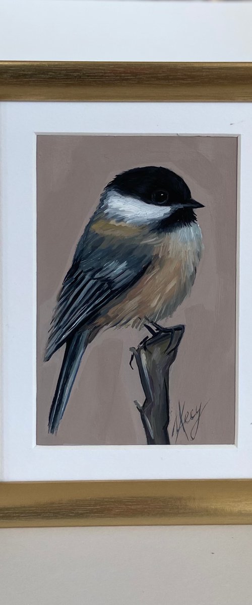 Chickadee  Bird painting mini art framed 15x20cm cute mini art by Leysan Khasanova