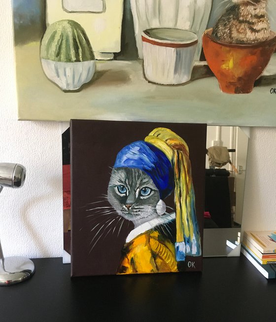 British blue Cat with the pearl earring inspired by Vermeer painting feline art for cat lovers gift idea