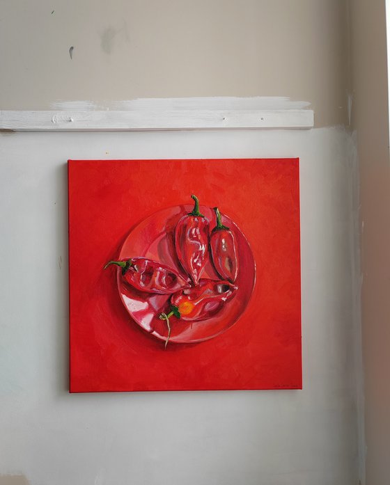 Fiery Red Still Life with Paprika on a Plate