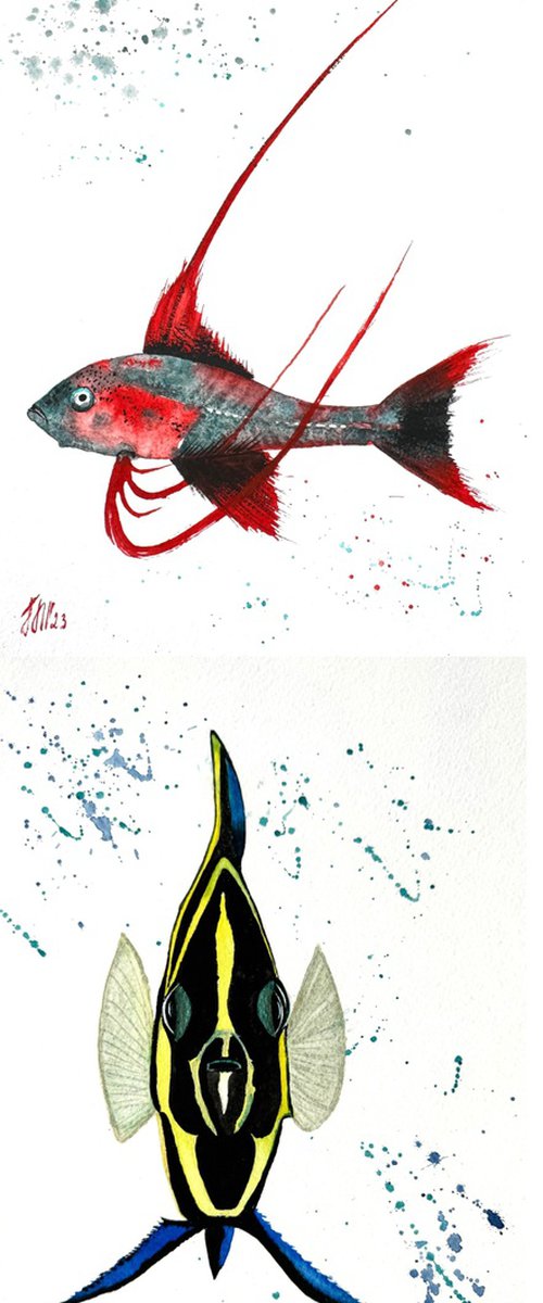 Exotic Red Black fish Diptych by Yuliia Sharapova