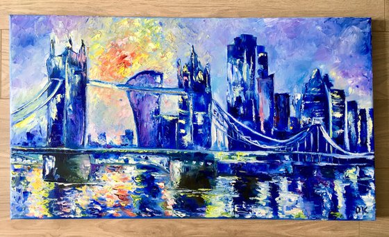 Tower bridge, City of London,  sunrise, variations of blue colors: ultramarine, navy blue, turquoise, sky blue, cobalt, palette knife original artwork.