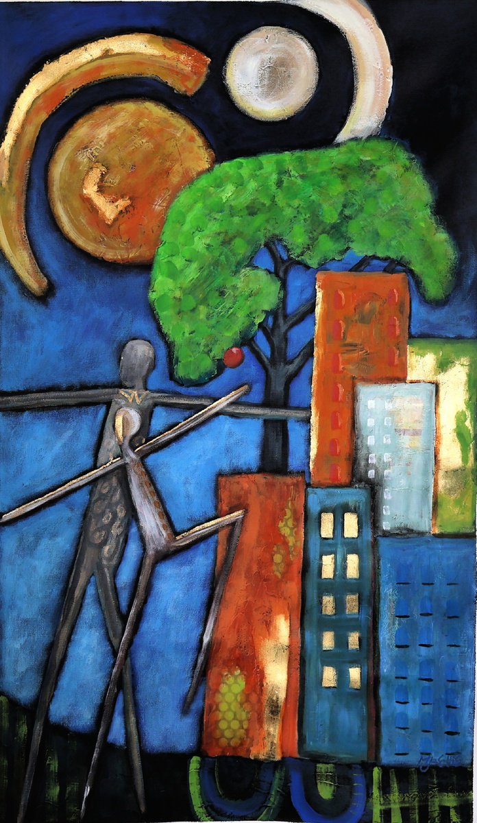 Abstract Landscape Acrylic Painting By Mariann Johansen-Ellis, 25 X 39", Urban Legends, Original Artwork