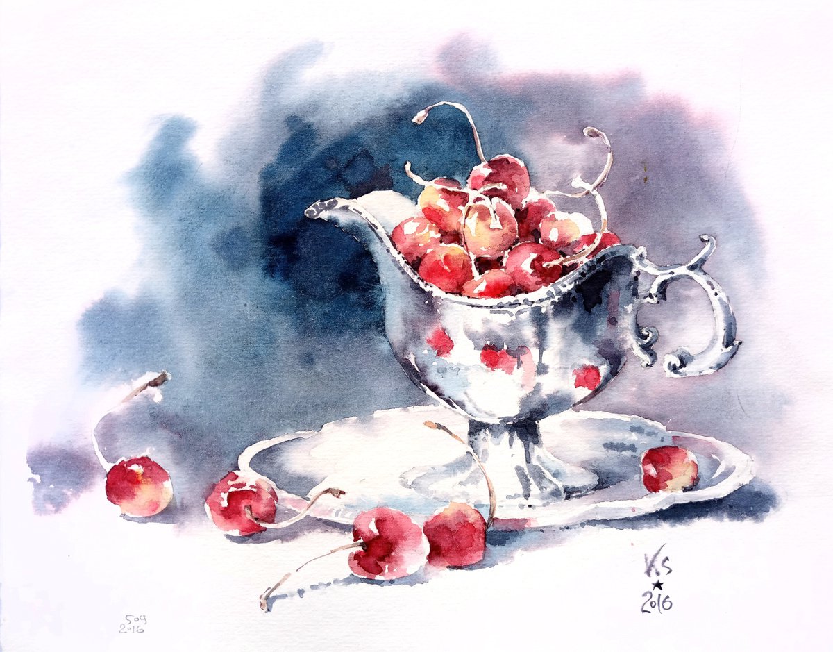Still life with cherries and silver antiques original watercolor artwork by Ksenia Selianko
