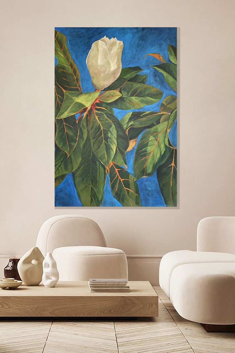 Photorealistic Botanical Acrylic Painting By Anahita Ghazanfari, 35 X 47, Magnolia 1, Original Artwork