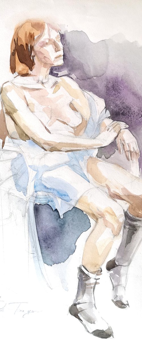 Woman's nude sitting with blue fabric by Darya Tsaptsyna
