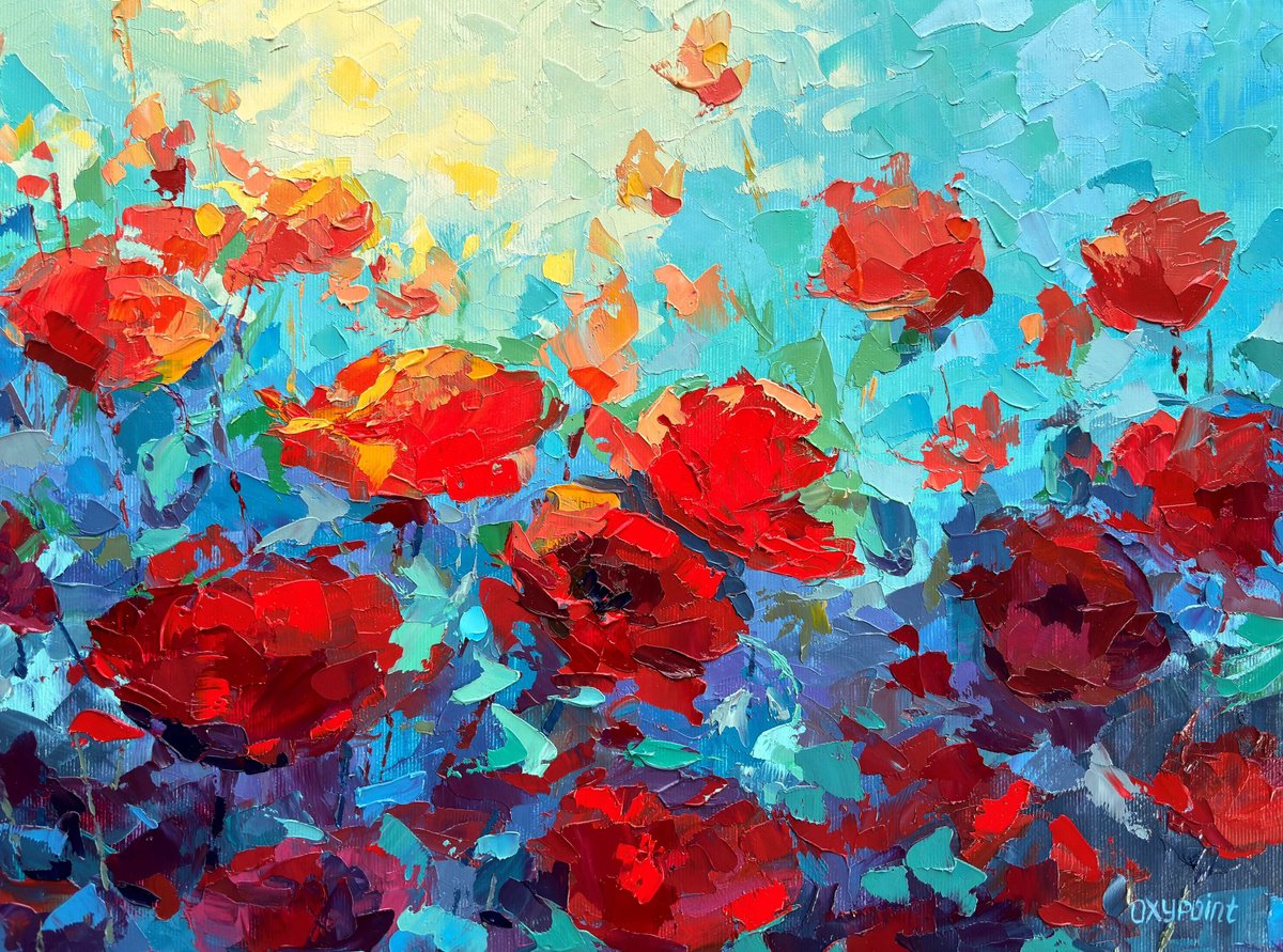 Expressive Botanical Oil Painting By Oxypoint, 16 X 12", "The Waltz Of Poppies", Original Artwork