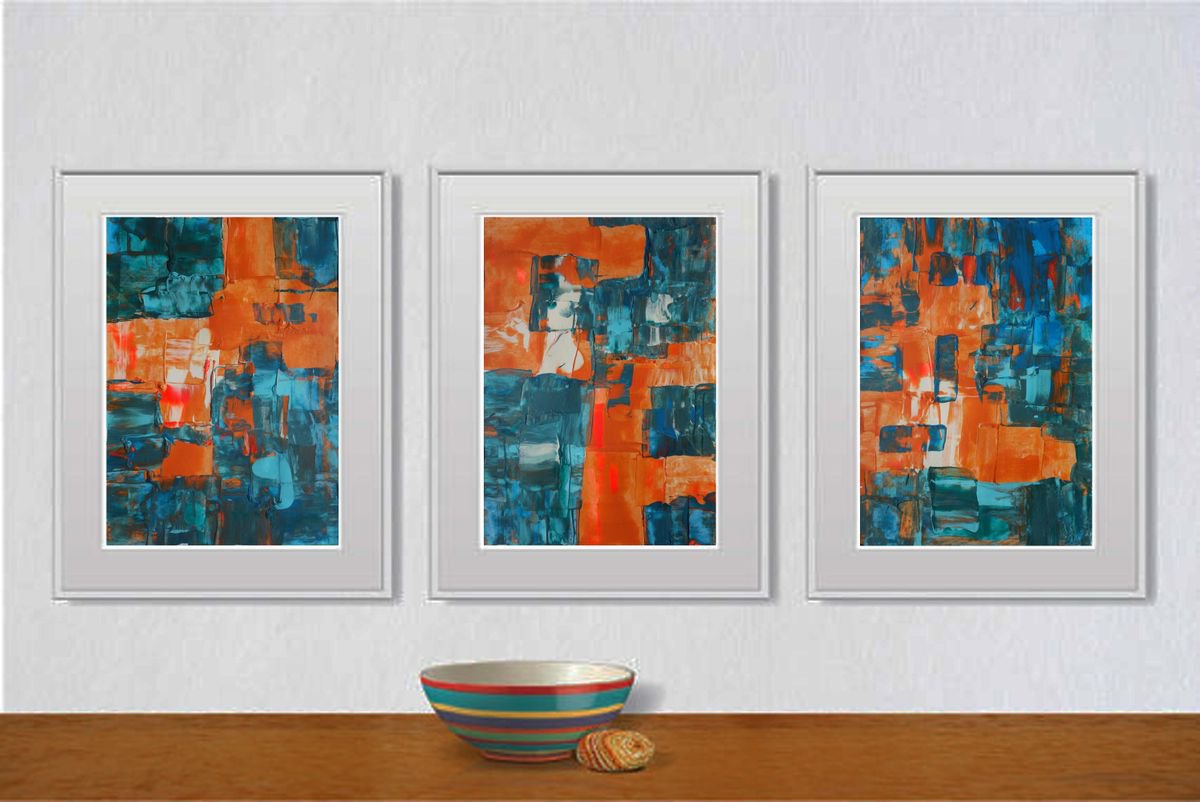 Set of 3 abstract original paintings on paper A4 - 18J026 by Kuebler
