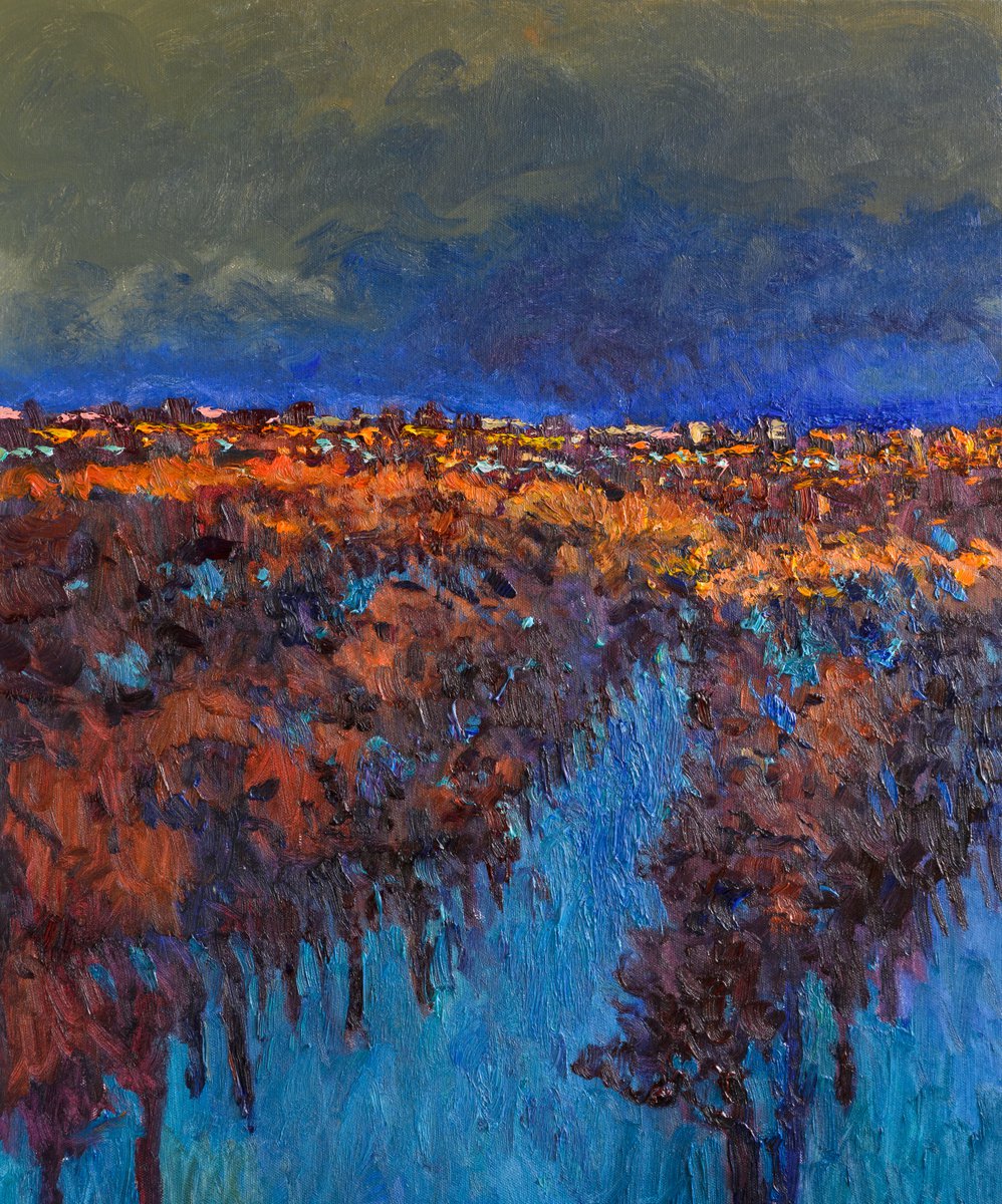 Expressive Landscape Oil Painting By Suren Nersisyan, 20 X 24", The Park And The City, Winter, Original Artwork