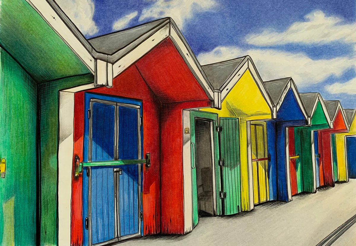 Illustrative Pencil Drawing , Barry Island Beach Huts By Karen Elaine Evans, 17 X 12, Artwork For Sale On Artfinder