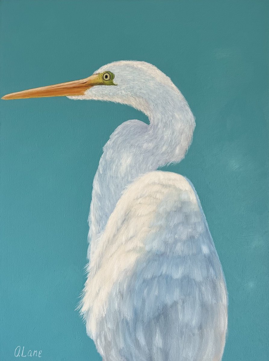 Animal Oil Painting By Olya Lane, 12 X 16", Great Egret, Original Artwork