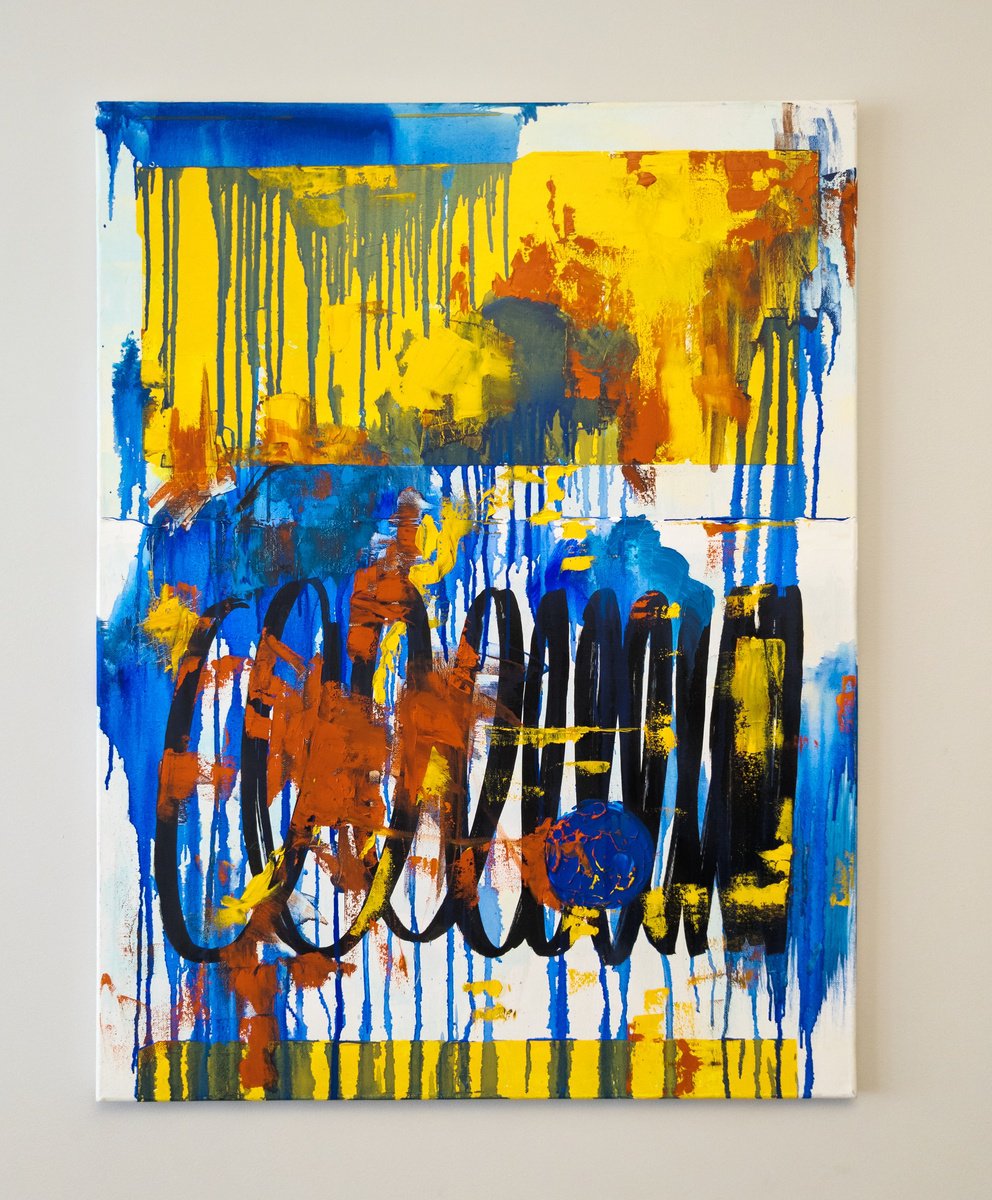 Abstract Oil Painting By Alexander Mikhaylov, 24 X 31, The Motion Of The Blue Dot, Original Artwork