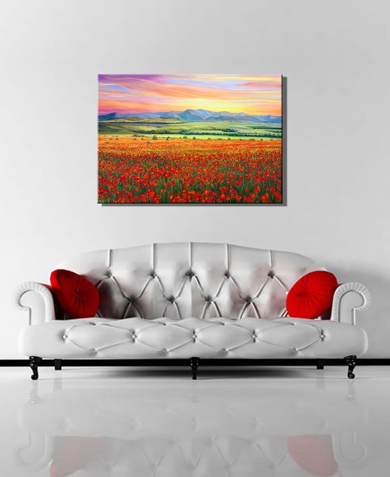 "Orange sunset", field of poppies landscape