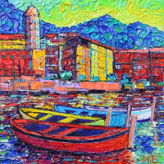 VERNAZZA COLORFUL BOATS CINQUE TERRE ITALY modern impressionism impasto textural palette knife oil painting stylized cityscape by Ana Maria Edulescu