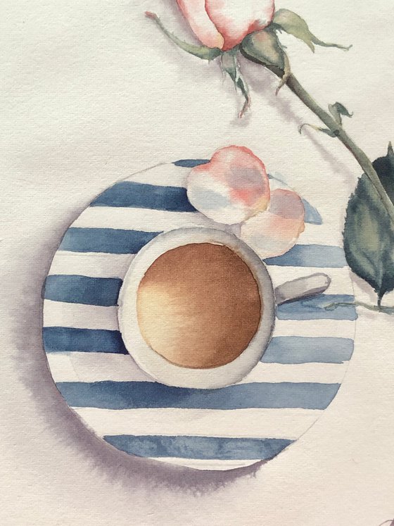 A romantic breakfast. Original watercolor artwork.