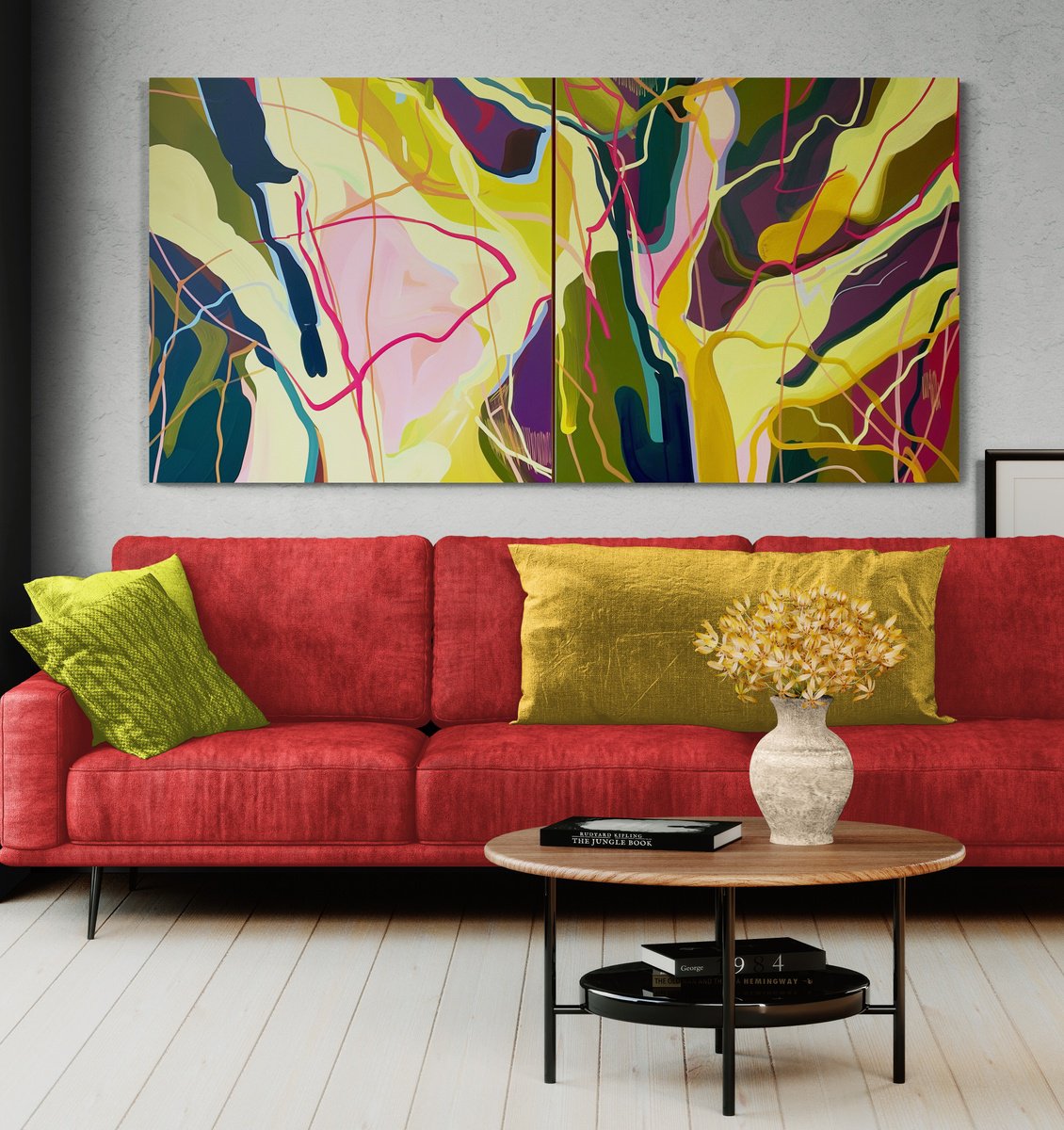 Abstract Acrylic Painting By V+V Kniazievi, 79 X 39", Traces Of Thoughts #3, Original Artwork