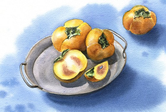 Orange fruit in blue original watercolor painting medium format, kitchen art, farmhouse decor