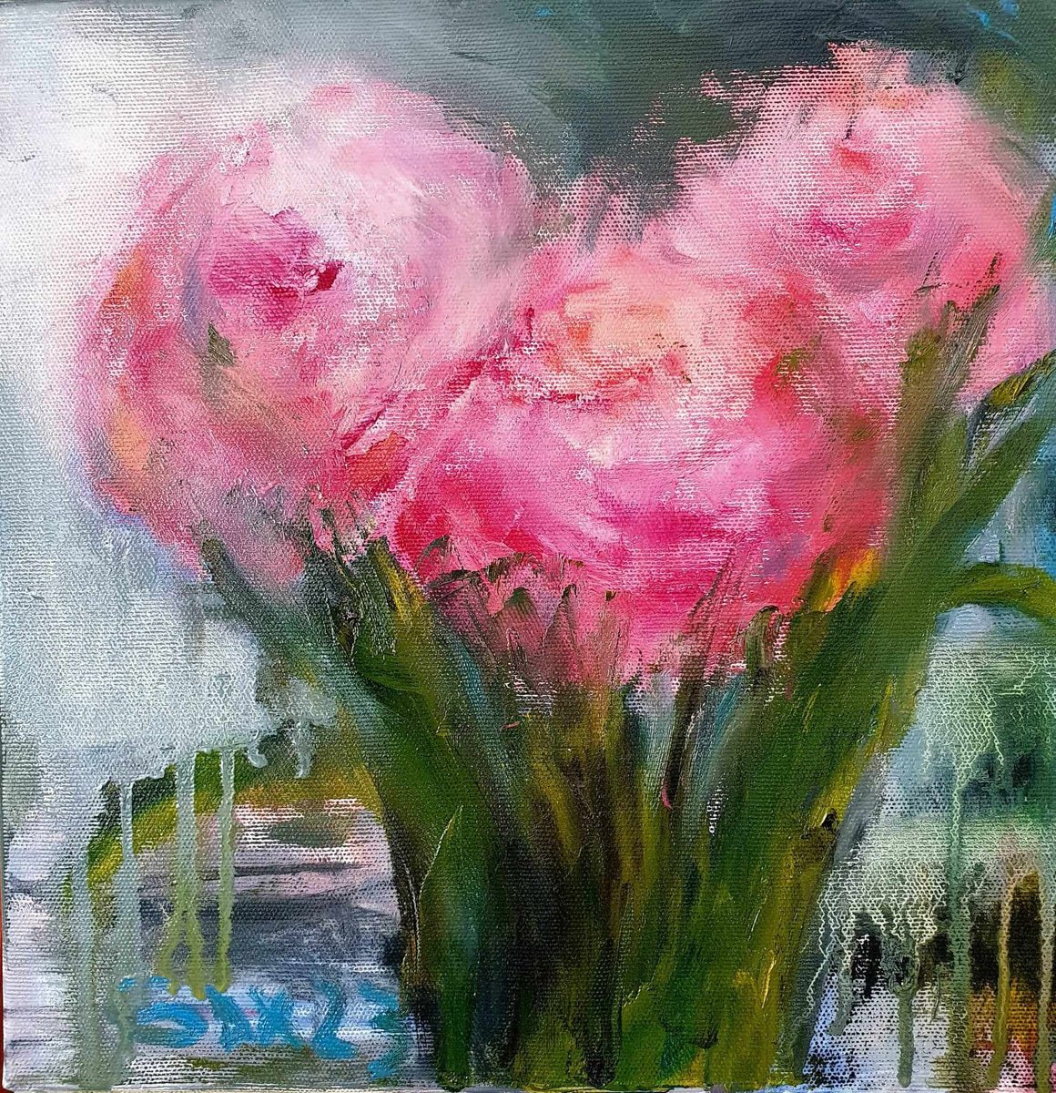 Impressionistic Botanical Oil Painting By Leo Baxiner, 12 X 12", Peonies, Original Artwork