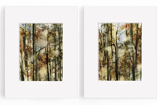 Forest Watercolor Painting Diptych, Abstract Trees Nature Landscape 2 Paintings Set