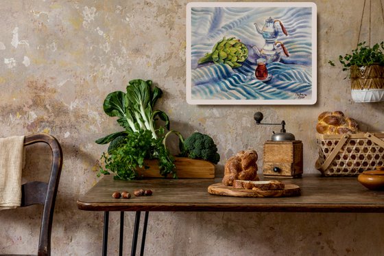 Turkish still life with tea and artichoke on a striped towel