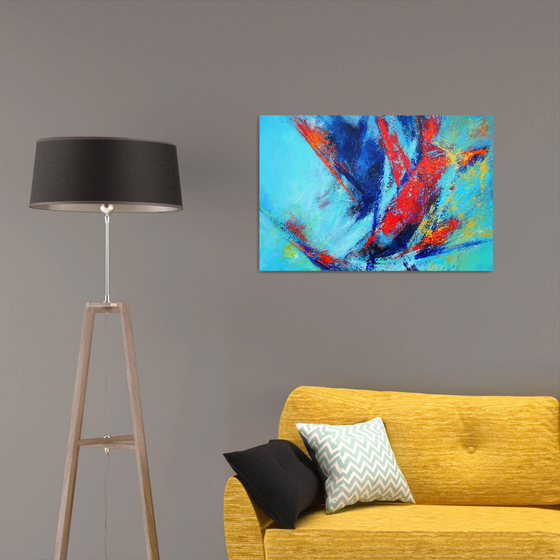 Large Abstract Blue Teal Red Landscape Painting. Modern Textured Art. Abstract. 61x91cm.