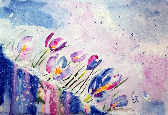 Crocus Painting Floral Original Art Flowers Watercolor Artwork Home Wall Art 11 by 8" by Halyna Kirichenko