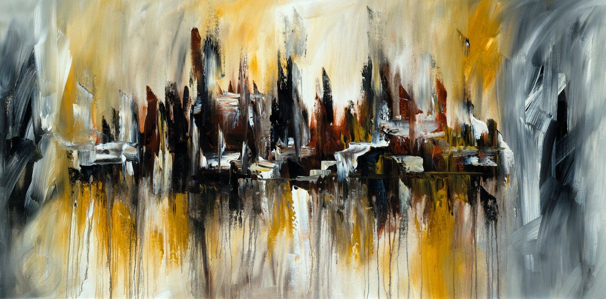 Urban And Pop Cityscapes Acrylic Painting By Madhav Singh, 75 X 39", Hazy Downtown, Original Artwork
