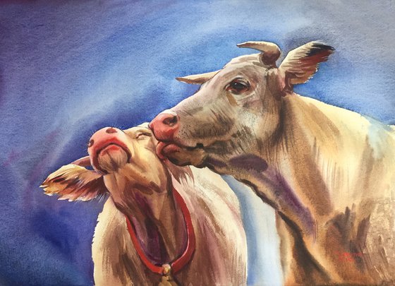 Cow kiss. Romantic painting. Cow painting. Gift for a couple. Present for the wedding