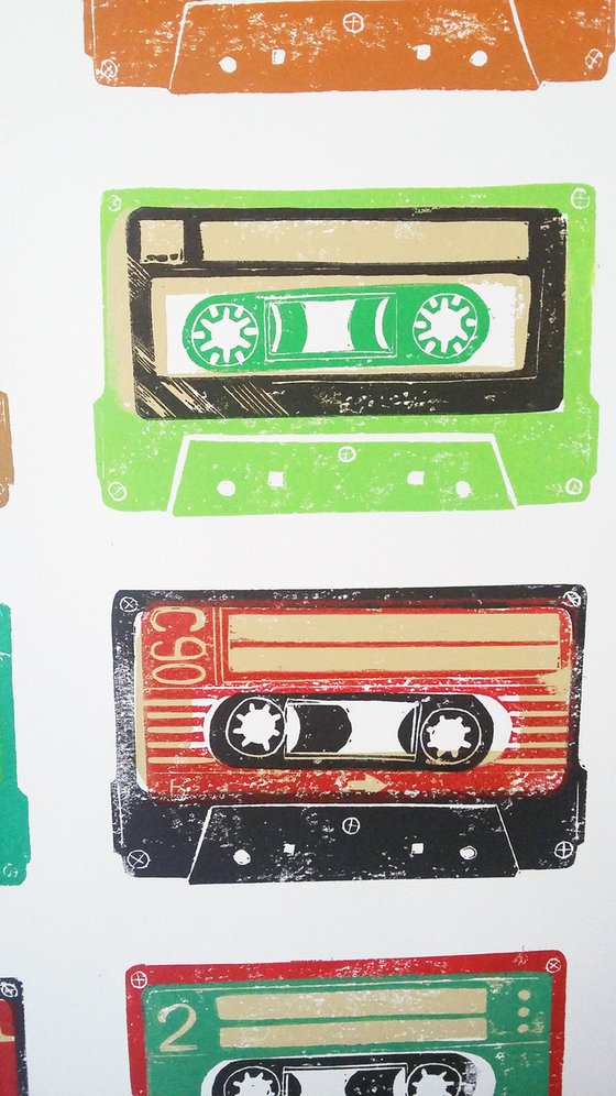 Linocut tapes #37 (cassette tapes, retro music, 70's, 80's rock culture)