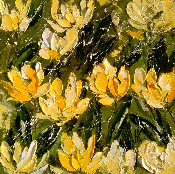 Tulips Painting Floral Original Art Abstract Yellow Flowers Small Oil Artwork Home Wall Art 8 by 8" by Halyna Kirichenko