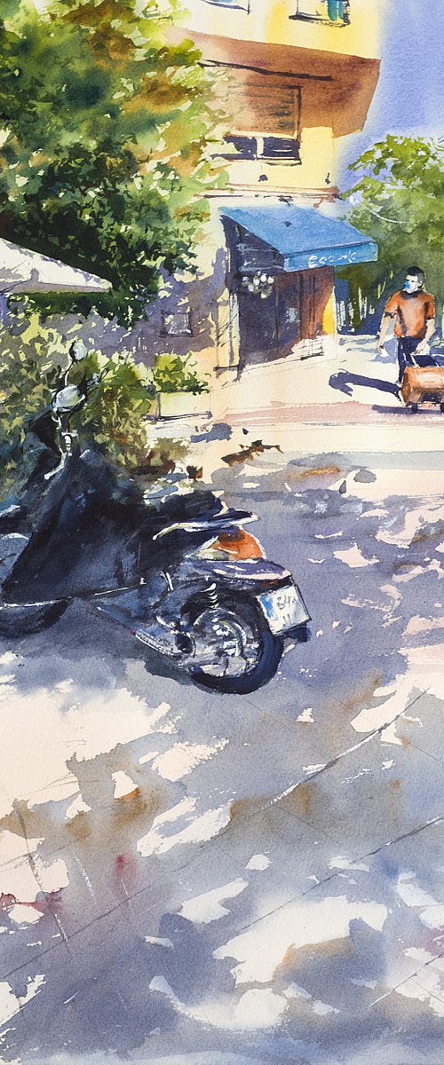 Madrid. Sunny day in pandemic times. Street scene with moto and mask. Big format watercolor urban landscape by Sasha Romm