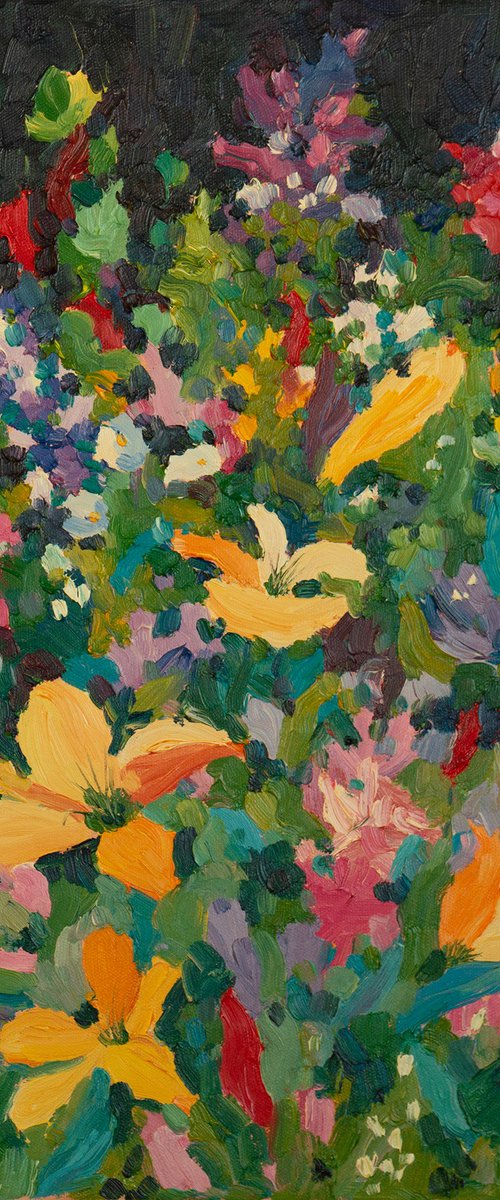 Bright Flowers on Dark Background by Irina Anis