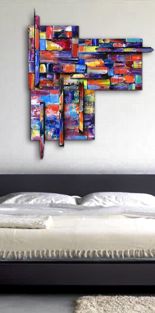 "Block Out" - Original Three-Piece Assembled PMS Mixed Media Sculptural Painting On Wood, Framed -  40 x 48 inches by Preston M. Smith (PMS)