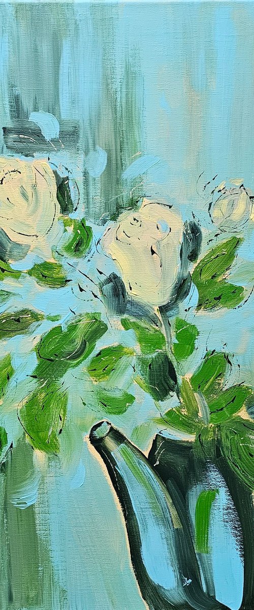 Yellow roses in a pot on blue by Ksenia June