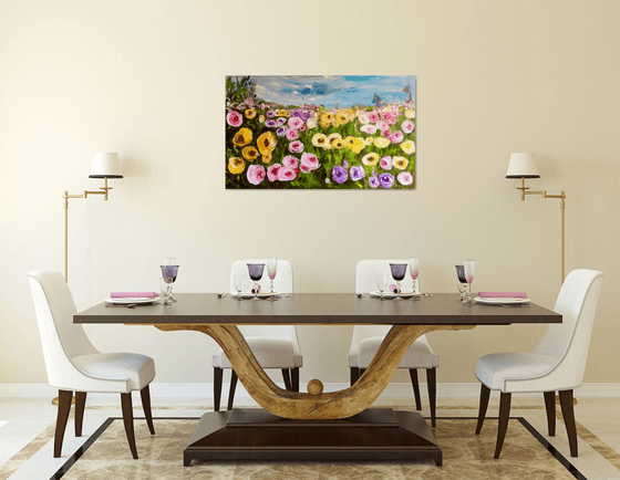 Large size WHITE PINK YELLOW PURPLE  ROSES in a Greenwich rose garden palette  knife modern still life  flowers office home decor gift