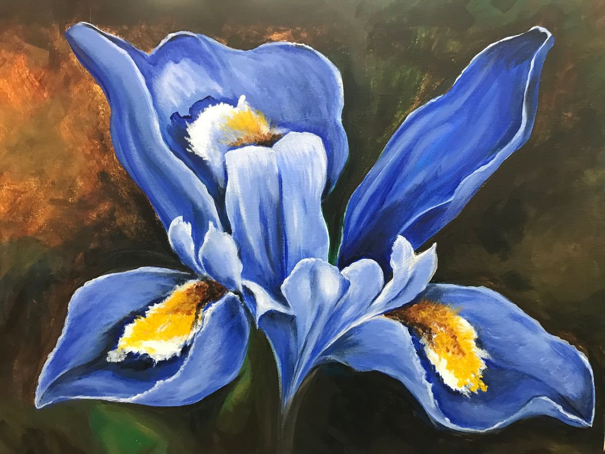 Impressionistic Botanical Acrylic Painting By Carolyn Shoemaker (Soma), 20 X 16, Spring Iris, Original Artwork