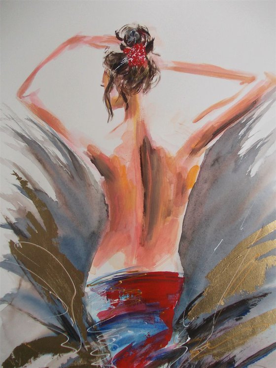 Nude Study - Red Flower-Mixed Media Nude Woman  Painting on Paper