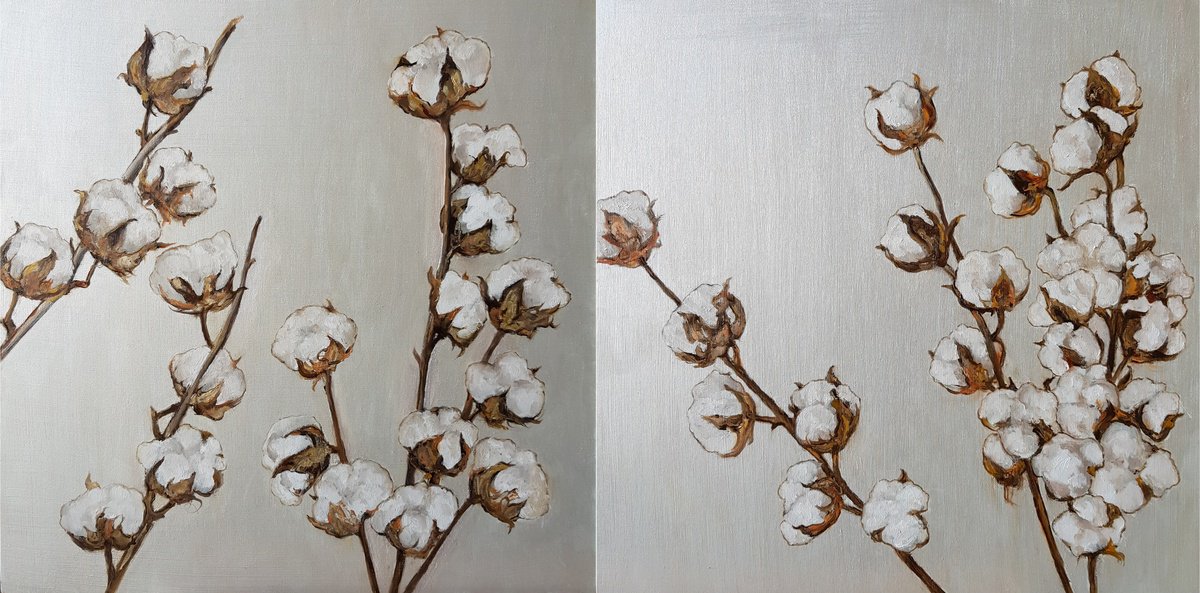 Impressionistic Botanical Oil Painting By Katia Bellini, 32 X 16", Cotton Branches, Original Artwork