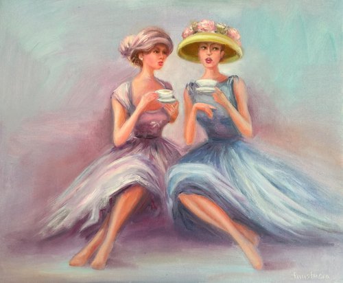 Cafe Scene Restaurant Art Women's Talk Tea for two Friends Secrets Beautiful Girl in Hats by Anastasia Art Line